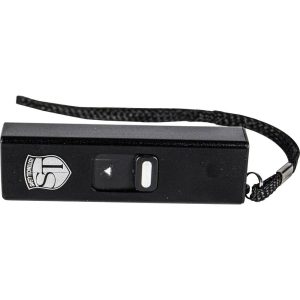 Black stun gun with wrist strap, featuring a logo on its side.