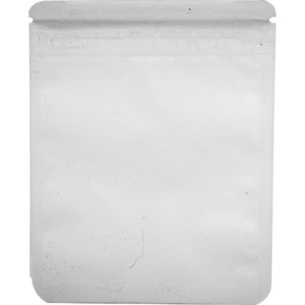 Plain white resealable packaging pouch isolated on a white background.