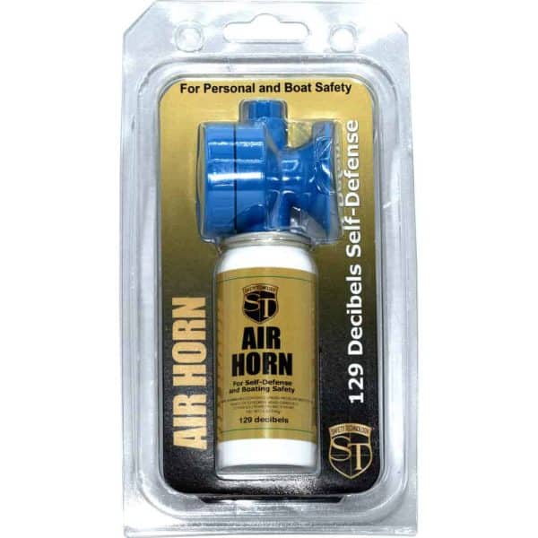 Air horn packaging for personal and boat safety, 129 decibels, ideal for self-defense.