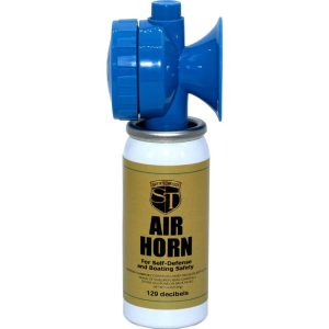 Blue air horn for self-defense and boating safety, 129 decibels, ideal for emergencies and outdoor use.