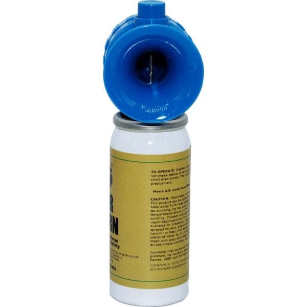 Blue handheld air horn for emergencies and safety, featuring detailed usage instructions on the label.