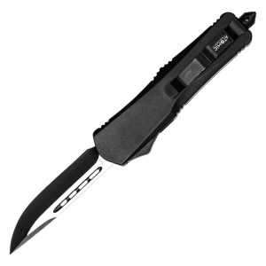 Sleek black tactical folding knife with a sharp blade, ideal for outdoor activities and survival gear.