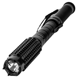 Black tactical flashlight with textured grip, designed for durability and bright illumination.