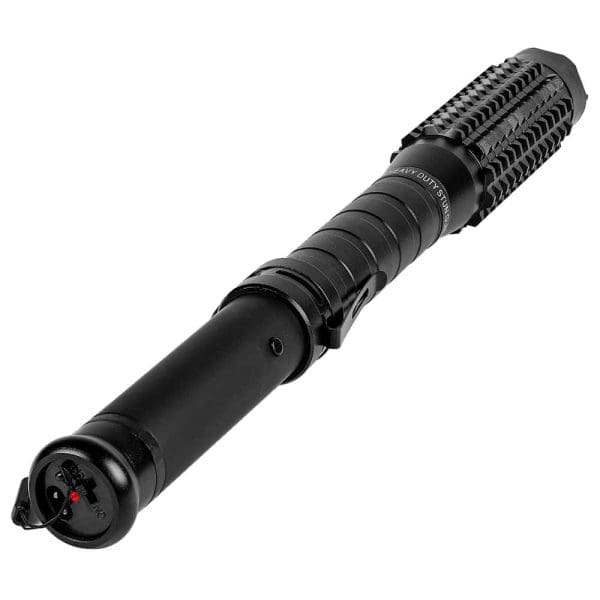 Black heavy-duty stun gun flashlight with textured grip, shown on a white background.
