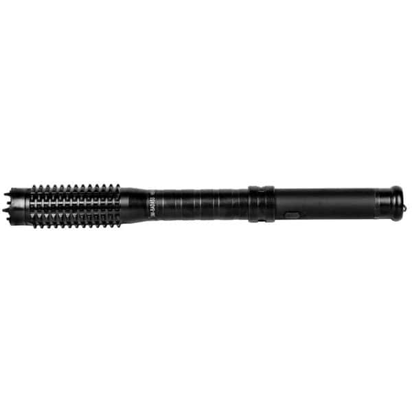 Black flashlight baton with textured grip and grooved handle on a white background.