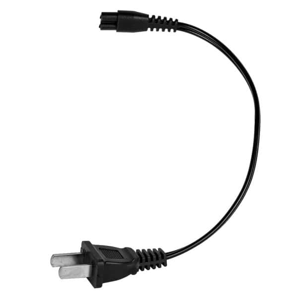 Black electrical power cord with a two-prong plug on a white background.