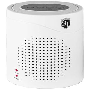 White personal security alarm device with control buttons and safety technology logo.