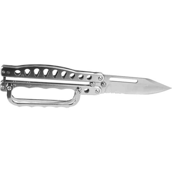 Silver butterfly knife with holes in the handle, displayed open on a white background.