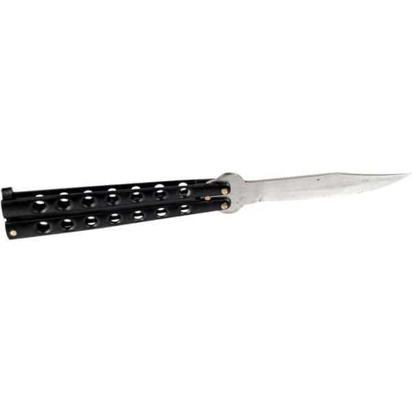 Butterfly knife with a black handle and silver blade, shown open on a white background.