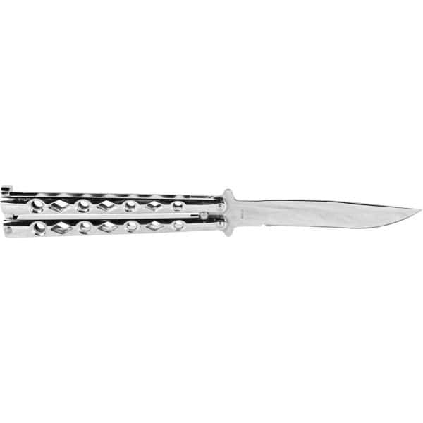 Silver butterfly knife with intricate handle design on white background.