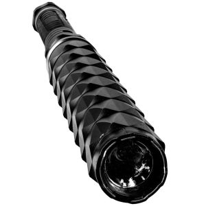 Black tactical flashlight with textured grip, angled view.