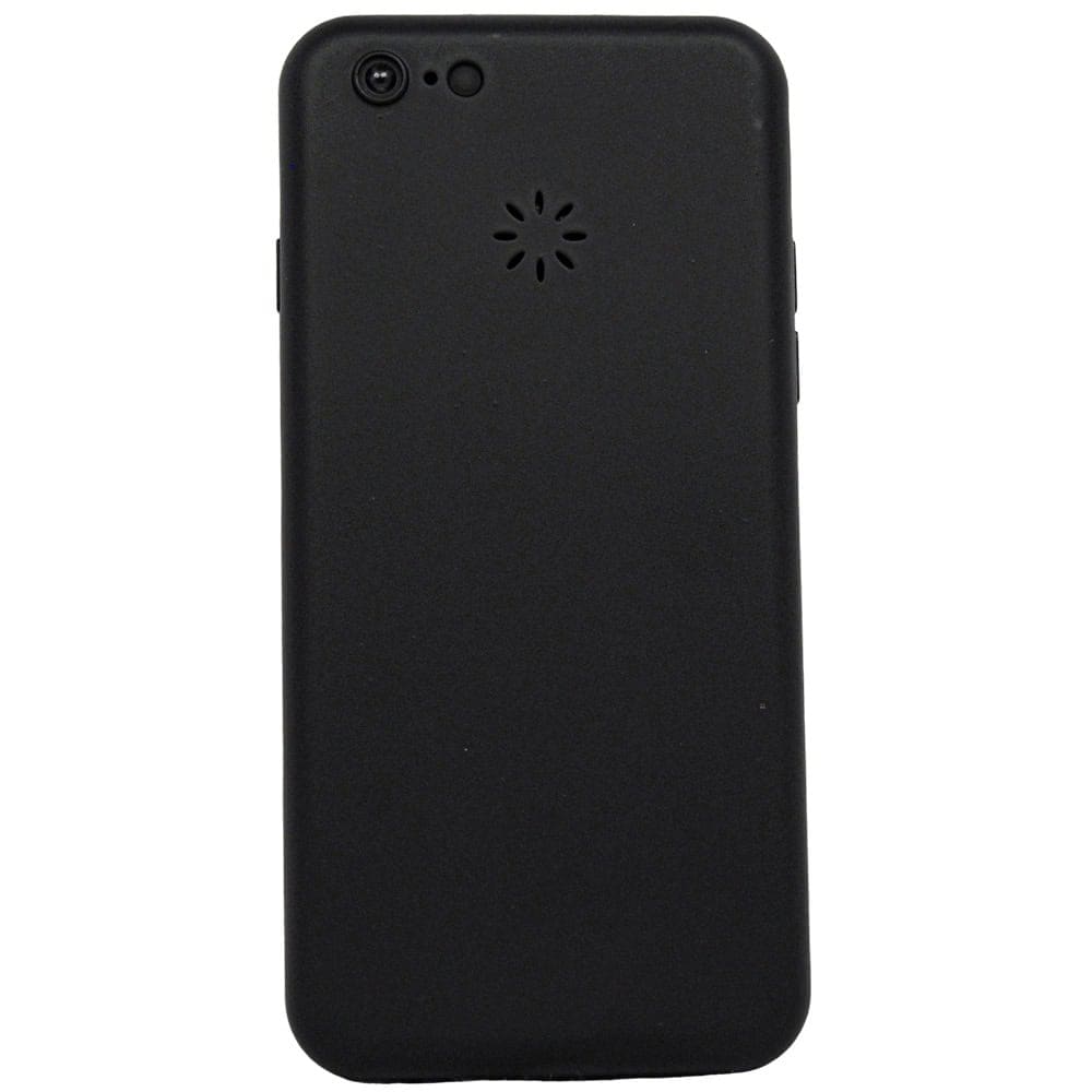 Black smartphone case with rear camera and speaker cutouts, offering sleek protection.