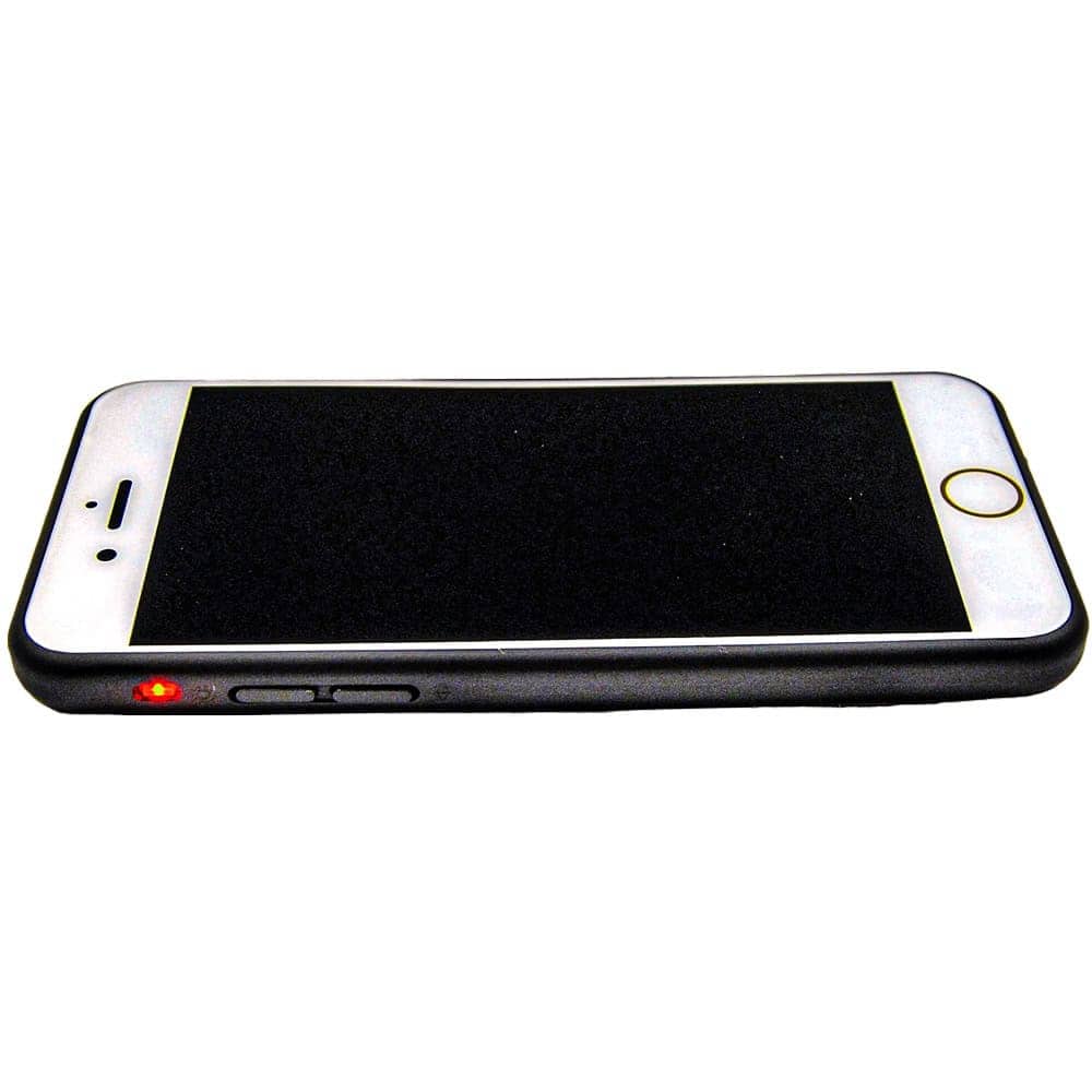 Smartphone with black screen and protective case, lying flat with a red indicator light on the side.