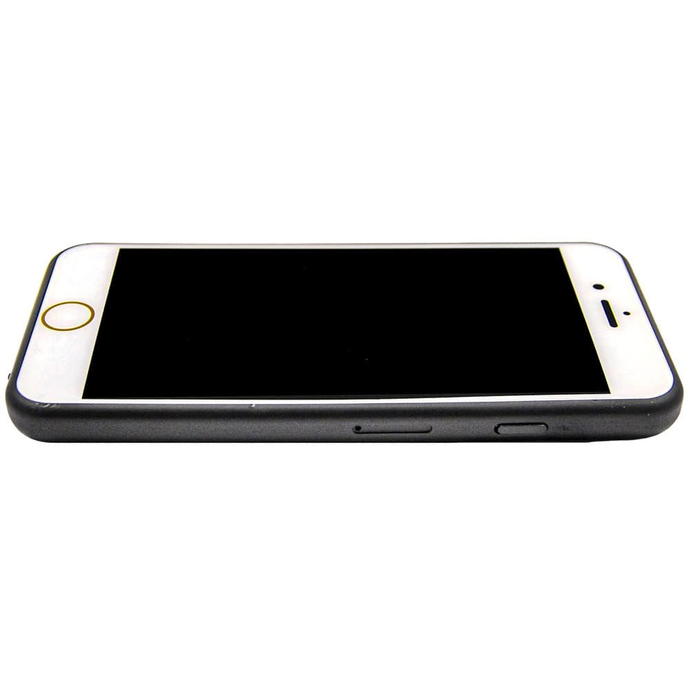Smartphone with black screen and protective case, side view showcasing volume buttons.