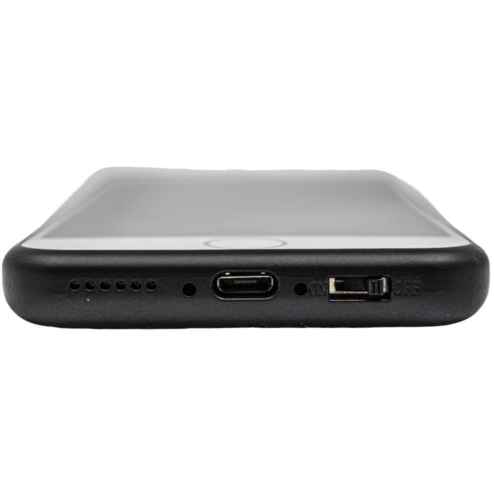 Close-up of smartphone charging port on the bottom edge with a sleek black case.