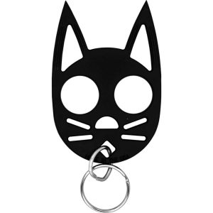 Black cat-shaped self-defense keychain with cutout eyes and a ring attached for everyday protection and convenience.