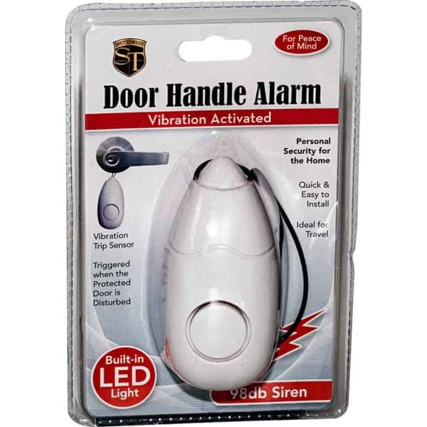 Vibration-activated door handle alarm packaging with 98dB siren and built-in LED for home security.