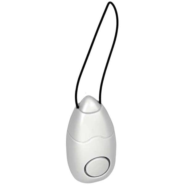 White personal alarm with black cord, ideal for personal safety and emergency situations.