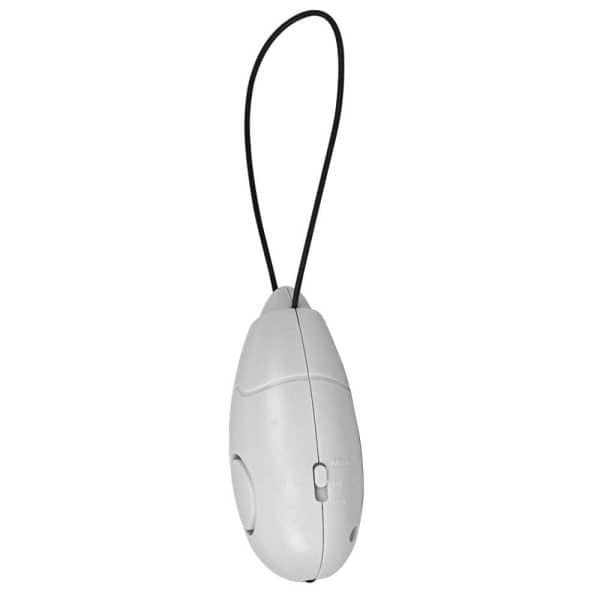 White electronic keychain device with black loop, isolated on white background.