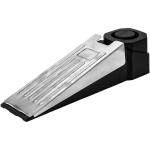 Doorstop alarm with anti-slip base and sleek metal design, ideal for home security and safety.