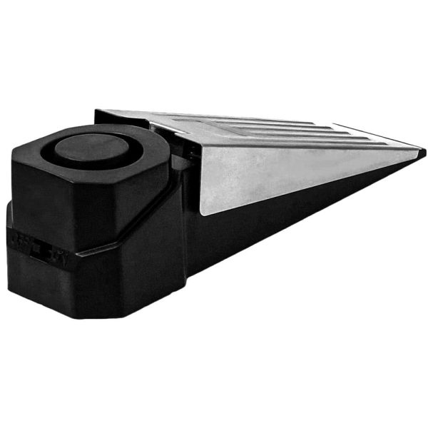 Anti-slip doorstop alarm in black and silver, designed to enhance home security by preventing unauthorized entry.