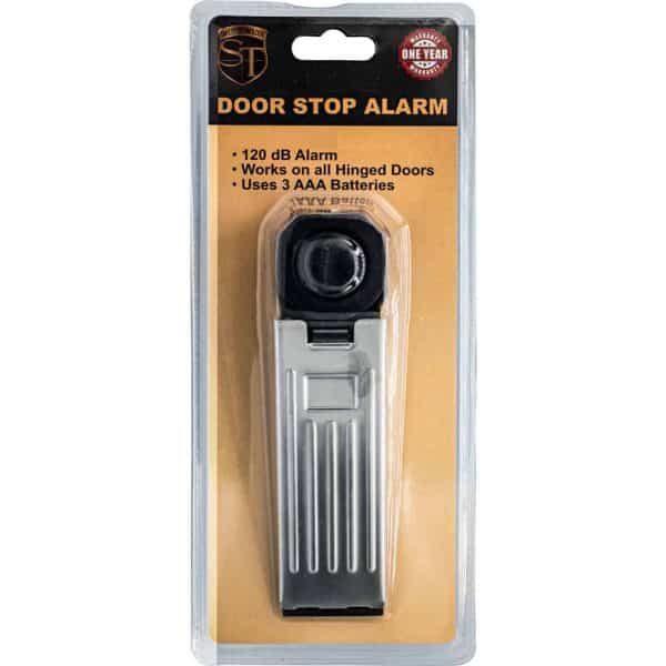 Door stop alarm packaging with 120 dB alert, compatible with hinged doors. Uses 3 AAA batteries. One year warranty.