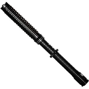 Black tactical flashlight with knurled grip and rugged design on a white background.