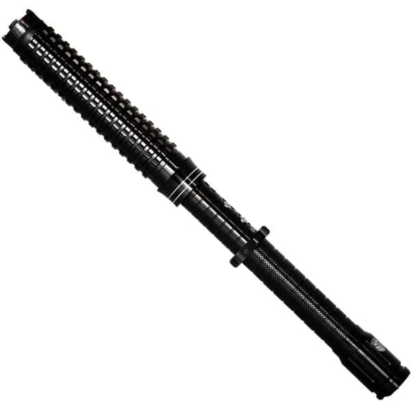 Black tactical flashlight with knurled grip and rugged design on a white background.