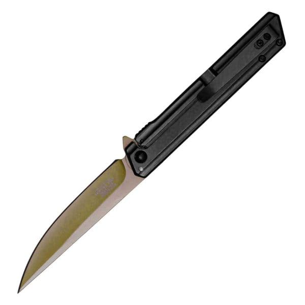 Sleek folding knife with black handle and metallic blade, ideal for outdoor activities or everyday carry.