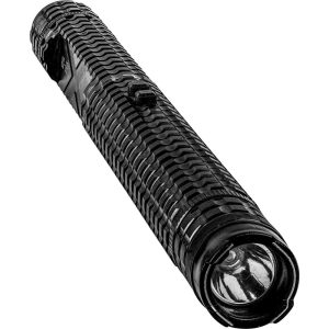 Innovative black flashlight with textured grip, isolated on white, showcasing design and functionality.