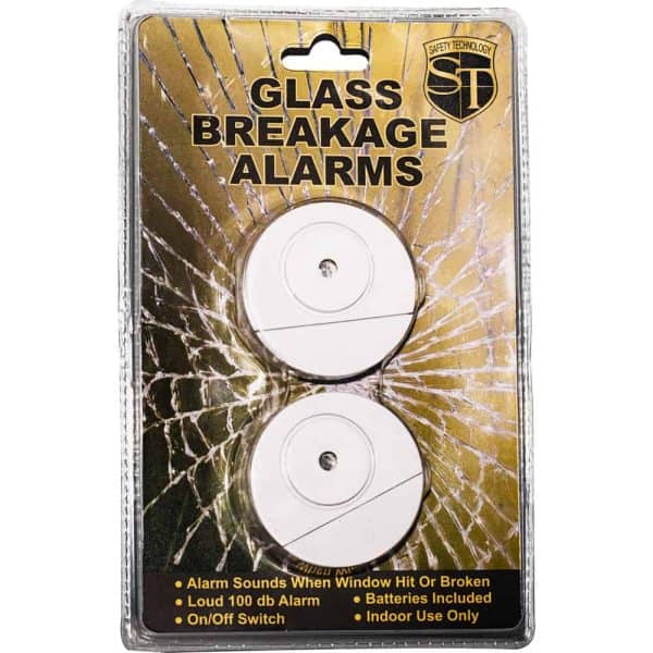 Glass breakage alarm pack with two 100 dB alarms. Includes batteries, on/off switch, indoor use, triggers on glass impact.