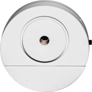 Round white smoke detector with a central sensor hole, viewed from above for safety and security.
