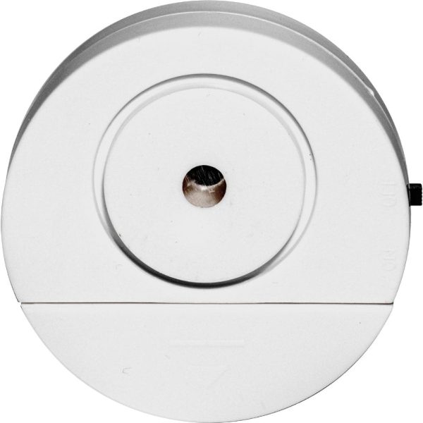 Round white smoke detector with a central sensor hole, viewed from above for safety and security.