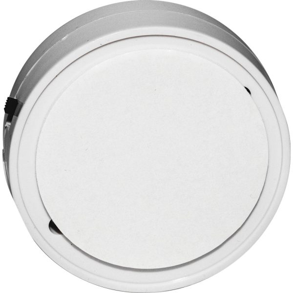 White smoke detector with round design for home or office safety.