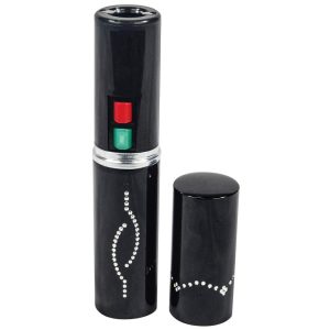 Black rhinestone-studded electronic device with red and green buttons, resembling a lipstick.