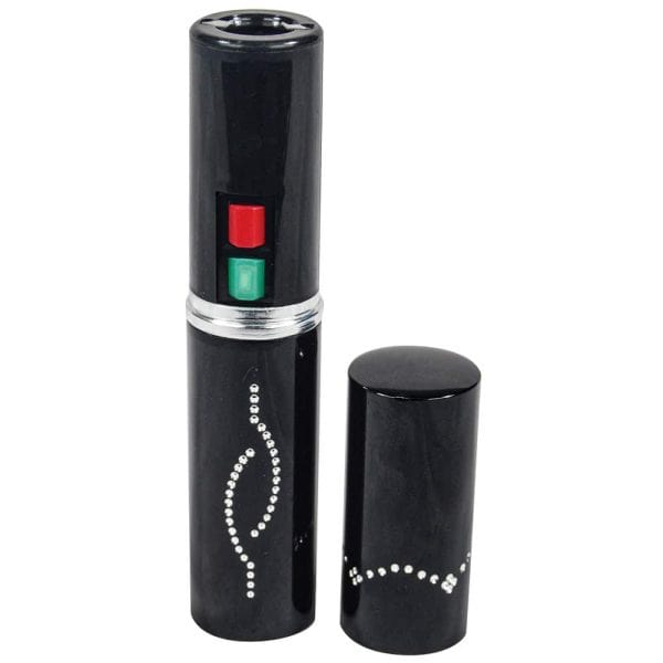 Black rhinestone-studded electronic device with red and green buttons, resembling a lipstick.