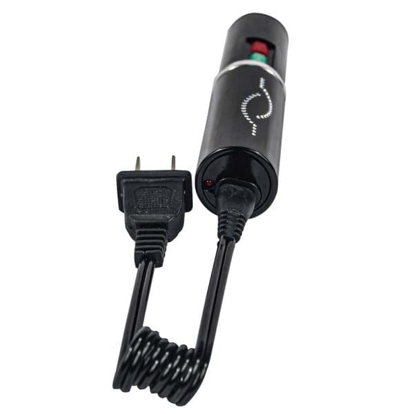 Electric immersion heater with plug and coiled cord for heating water efficiently. Ideal for travel or home use.