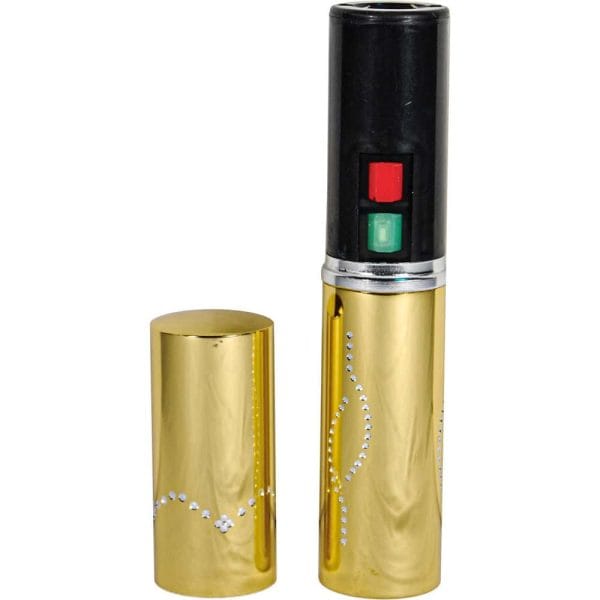 Gold and black personal alarm disguised as a lipstick, with decorative gems and safety buttons.