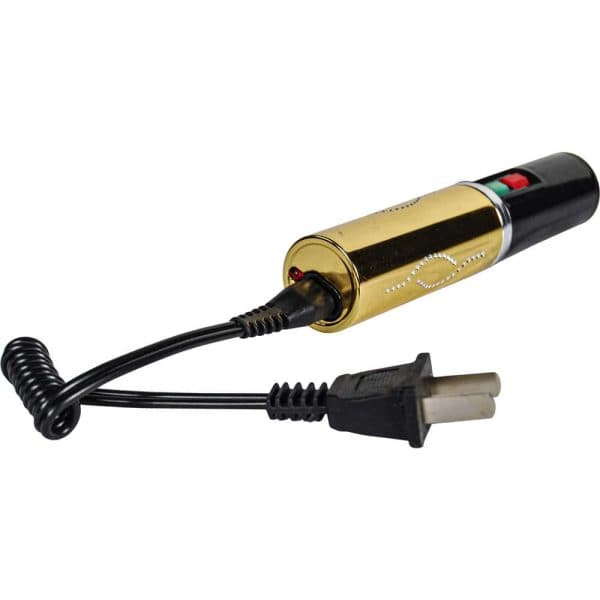 Gold portable electric shaver with charging cable, ideal for travel grooming needs.