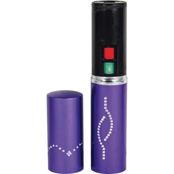 Purple lipstick-shaped stun gun with rhinestone design, featuring red and green buttons.