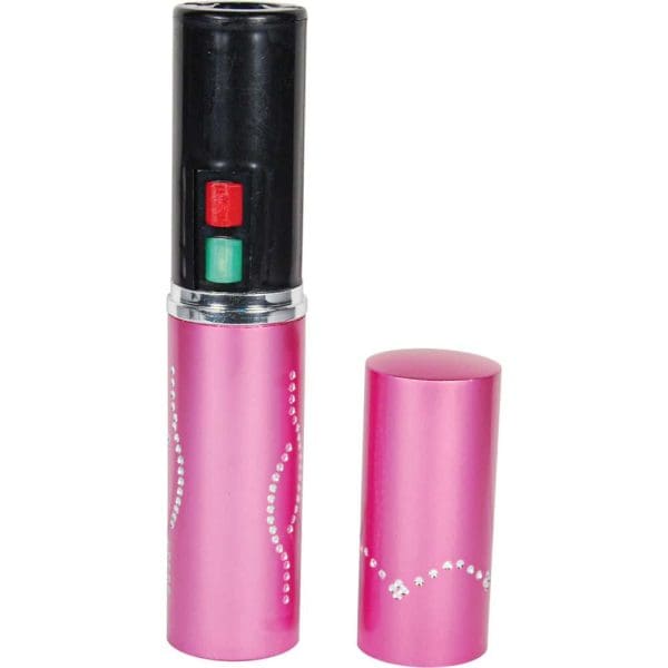 Pink lipstick-shaped stun gun with black switch, adorned with rhinestones, perfect for discreet personal safety.
