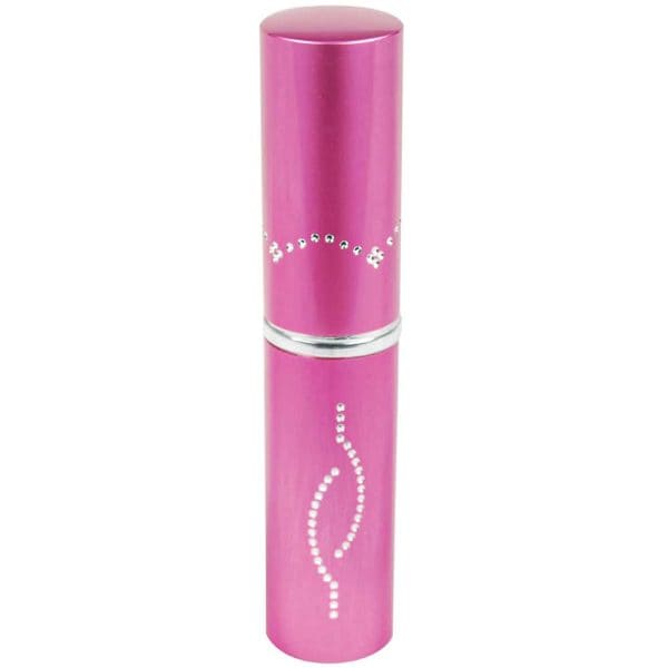 Pink lipstick case with decorative rhinestones, sleek design, and silver accent. Perfect for elegant makeup storage.