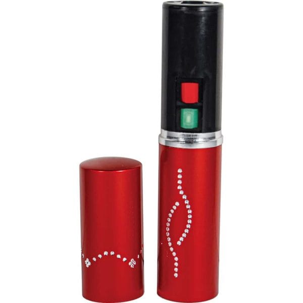 Red lipstick-shaped stun gun with rhinestone accents and open cap.