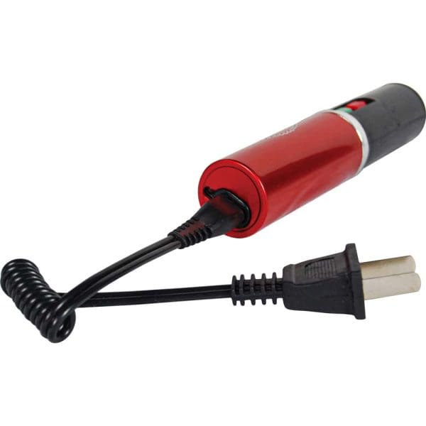 Red electric immersion heater with coiled cord and plug on white background.