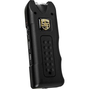 Black stun gun with safety technology logo on its front, featuring control buttons and a compact design.