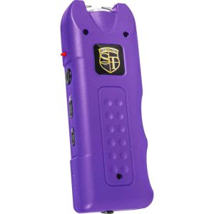 Purple stun gun with safety technology logo for personal security and self-defense.