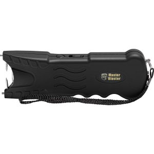 Black handheld stun gun with a safety switch and wrist strap, labeled Master Blaster for personal defense.