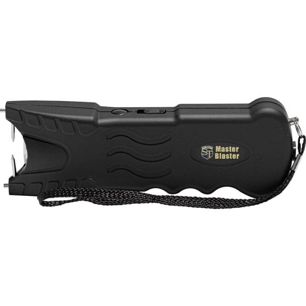 Black handheld stun gun with a safety switch and wrist strap, labeled Master Blaster for personal defense.