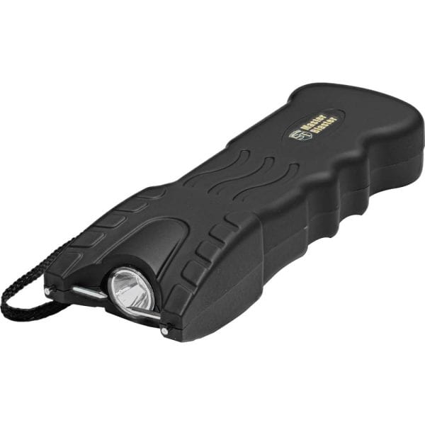 Black handheld stun gun and flashlight with ergonomic grip and wrist strap.