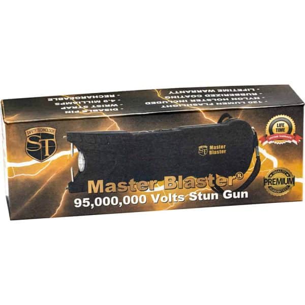 Master Blaster stun gun packaging, 95,000,000 volts, safety technology, lifetime warranty premium quality tag.